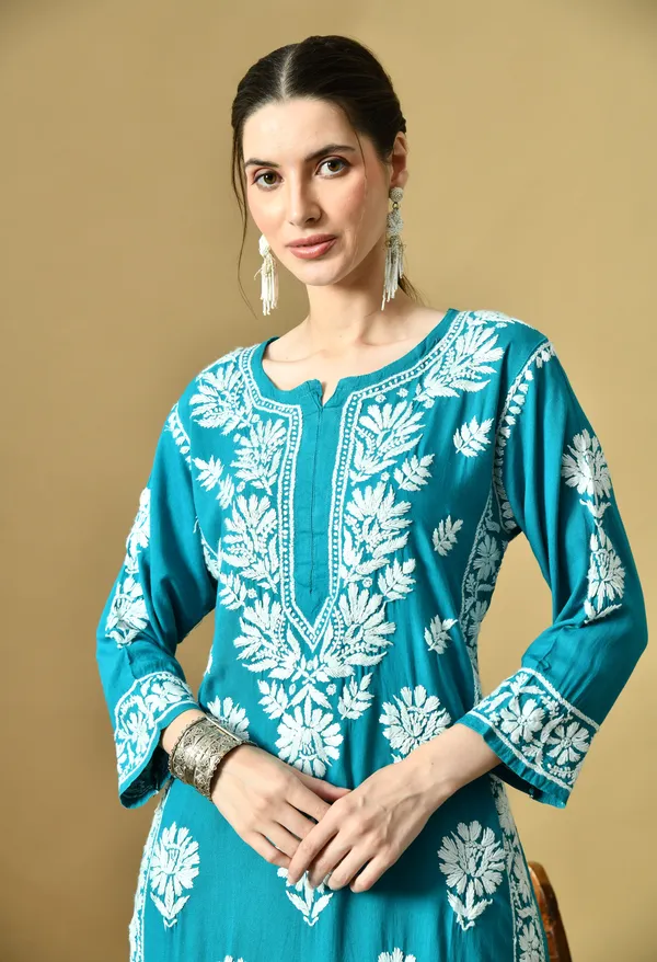 Firozi_Rayon_Hand-Embroidered_Chikankari_Kurta_with_Elegant_White_Floral_Design