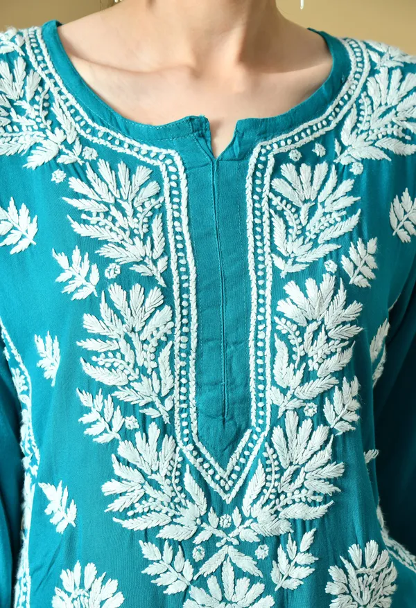 Firozi_Rayon_Hand-Embroidered_Chikankari_Kurta_with_Elegant_White_Floral_Design