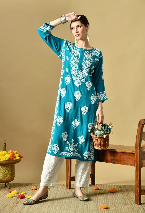 Firozi_Rayon_Hand-Embroidered_Chikankari_Kurta_with_Elegant_White_Floral_Design