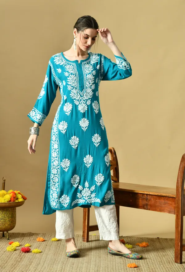 Firozi_Rayon_Hand-Embroidered_Chikankari_Kurta_with_Elegant_White_Floral_Design