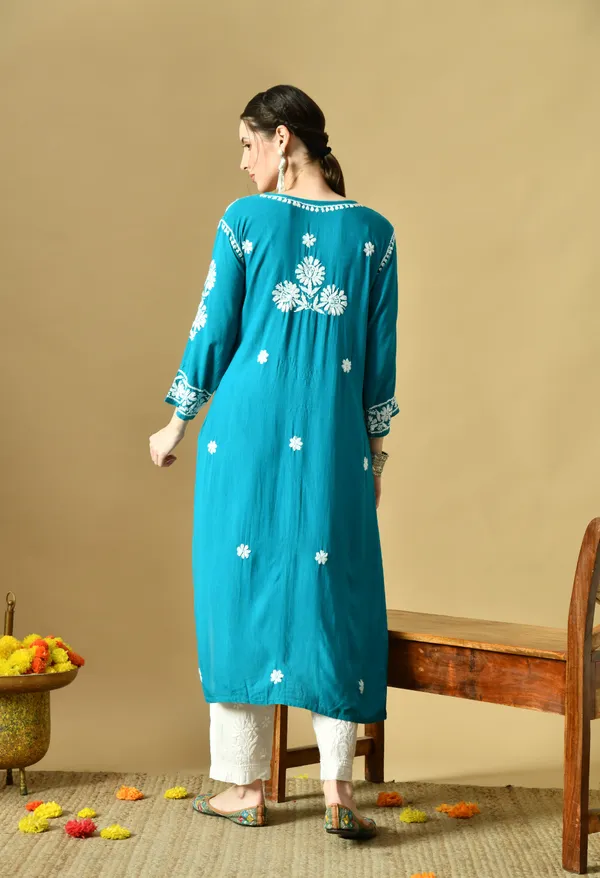 Firozi_Rayon_Hand-Embroidered_Chikankari_Kurta_with_Elegant_White_Floral_Design