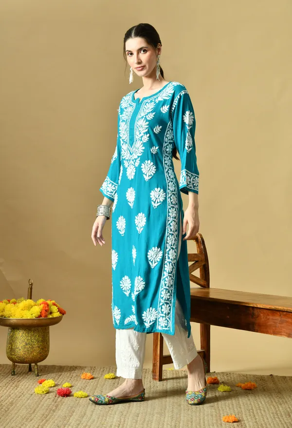 Firozi_Rayon_Hand-Embroidered_Chikankari_Kurta_with_Elegant_White_Floral_Design