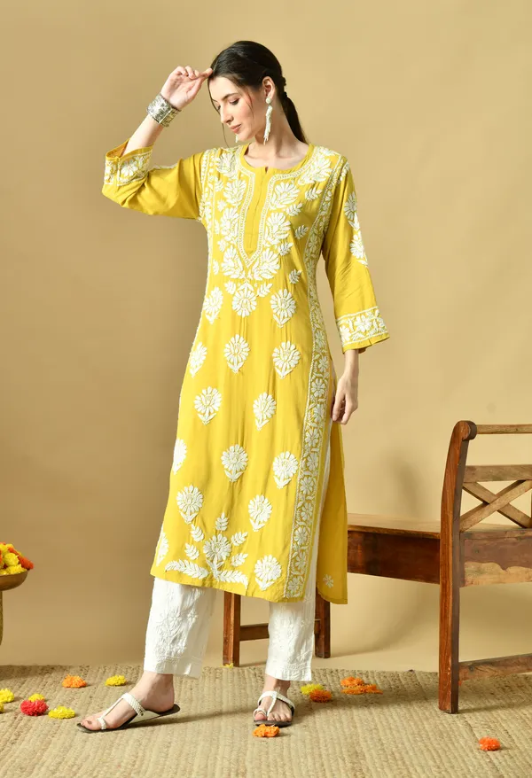 Mango_Yellow_Rayon_Hand-Embroidered_Chikankari_Kurta_with_Elegant_White_Floral_Design
