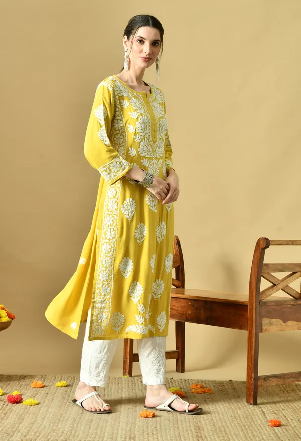 Mango_Yellow_Rayon_Hand-Embroidered_Chikankari_Kurta_with_Elegant_White_Floral_Design