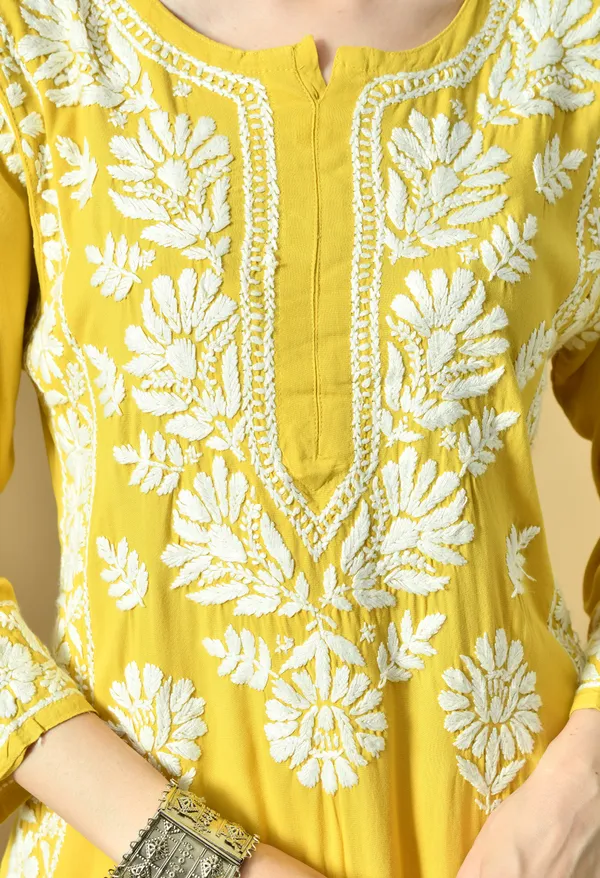 Mango_Yellow_Rayon_Hand-Embroidered_Chikankari_Kurta_with_Elegant_White_Floral_Design