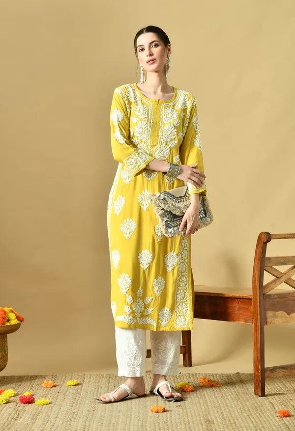 Mango_Yellow_Rayon_Hand-Embroidered_Chikankari_Kurta_with_Elegant_White_Floral_Design
