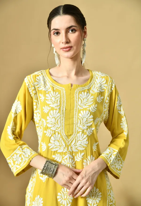 Mango_Yellow_Rayon_Hand-Embroidered_Chikankari_Kurta_with_Elegant_White_Floral_Design