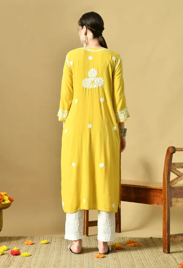 Mango_Yellow_Rayon_Hand-Embroidered_Chikankari_Kurta_with_Elegant_White_Floral_Design