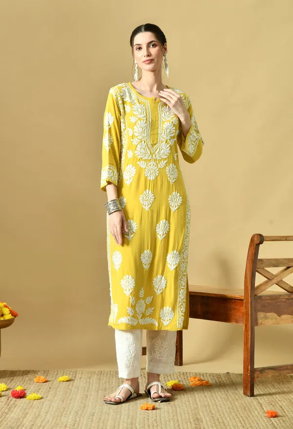 Mango_Yellow_Rayon_Hand-Embroidered_Chikankari_Kurta_with_Elegant_White_Floral_Design