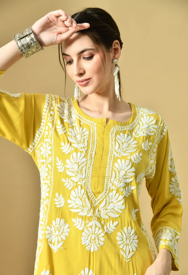 Mango_Yellow_Rayon_Hand-Embroidered_Chikankari_Kurta_with_Elegant_White_Floral_Design