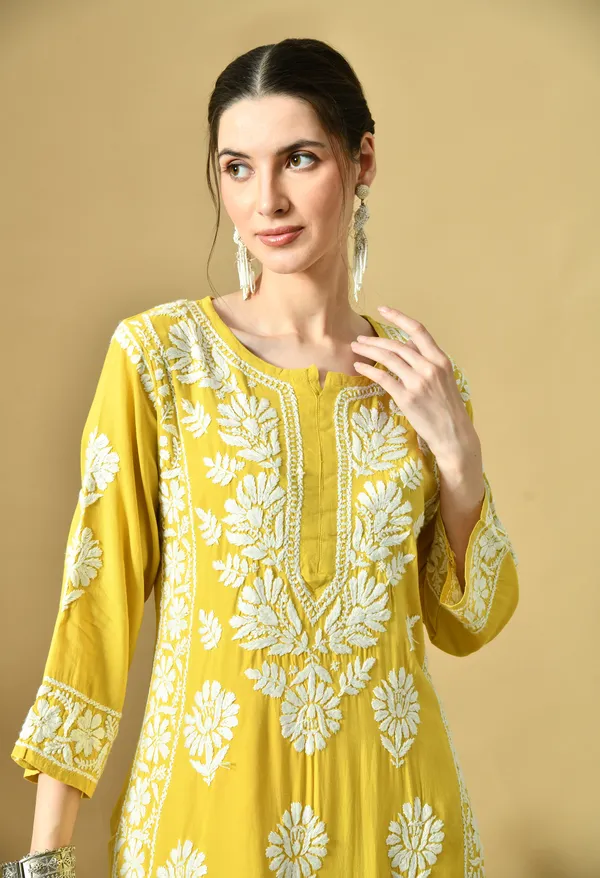 Mango_Yellow_Rayon_Hand-Embroidered_Chikankari_Kurta_with_Elegant_White_Floral_Design