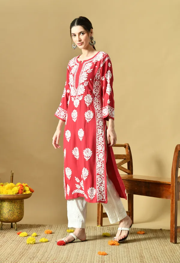 Onion_Pink_Rayon_Hand-Embroidered_Chikankari_Kurta_with_Elegant_White_Floral_Design