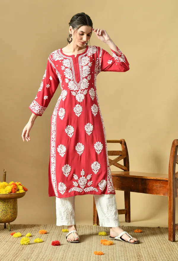 Onion_Pink_Rayon_Hand-Embroidered_Chikankari_Kurta_with_Elegant_White_Floral_Design