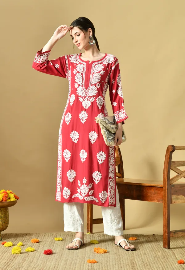 Onion_Pink_Rayon_Hand-Embroidered_Chikankari_Kurta_with_Elegant_White_Floral_Design