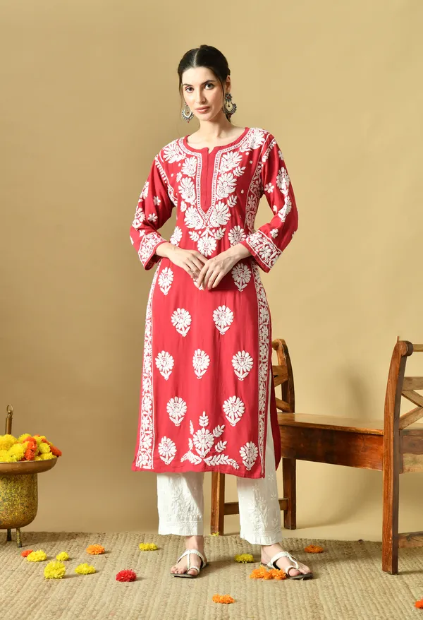 Onion_Pink_Rayon_Hand-Embroidered_Chikankari_Kurta_with_Elegant_White_Floral_Design