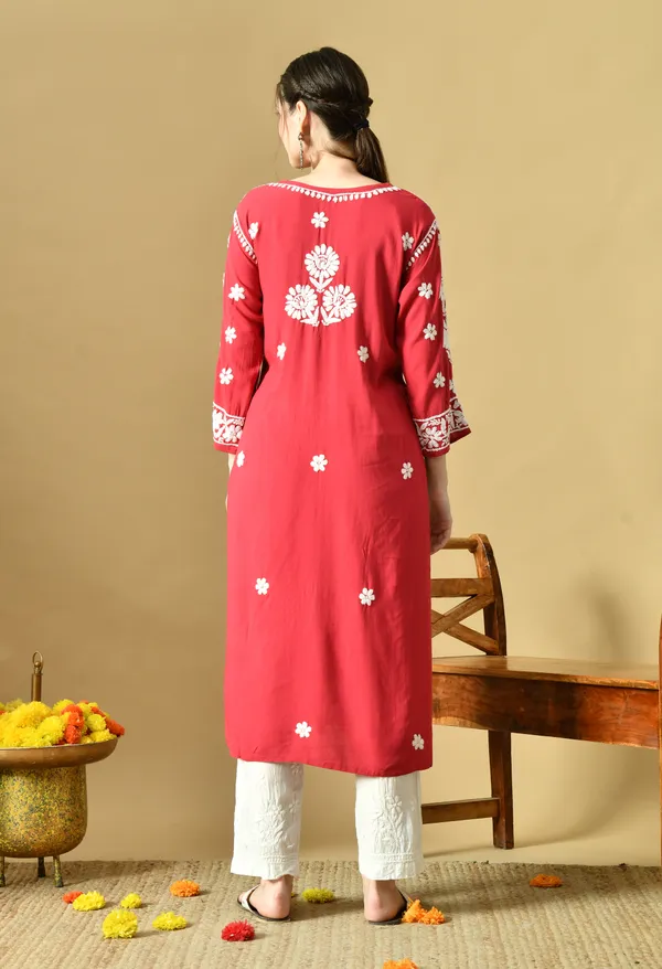 Onion_Pink_Rayon_Hand-Embroidered_Chikankari_Kurta_with_Elegant_White_Floral_Design