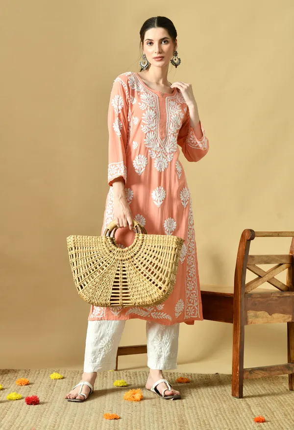 Peach_Rayon_Hand-Embroidered_Chikankari_Kurta_with_Elegant_White_Floral_Design
