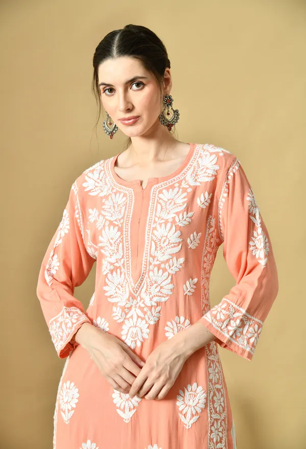 Peach_Rayon_Hand-Embroidered_Chikankari_Kurta_with_Elegant_White_Floral_Design