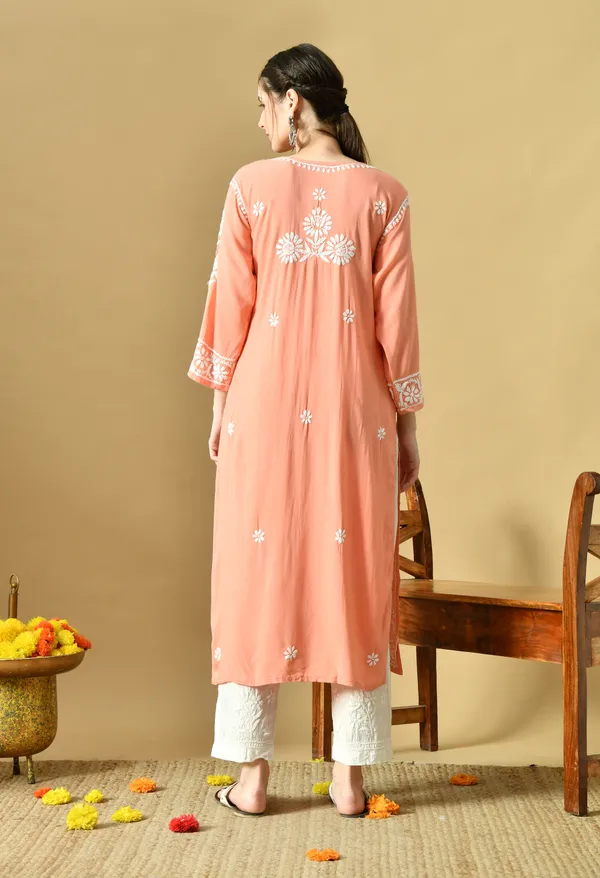 Peach_Rayon_Hand-Embroidered_Chikankari_Kurta_with_Elegant_White_Floral_Design