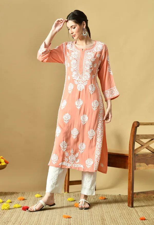 Peach_Rayon_Hand-Embroidered_Chikankari_Kurta_with_Elegant_White_Floral_Design