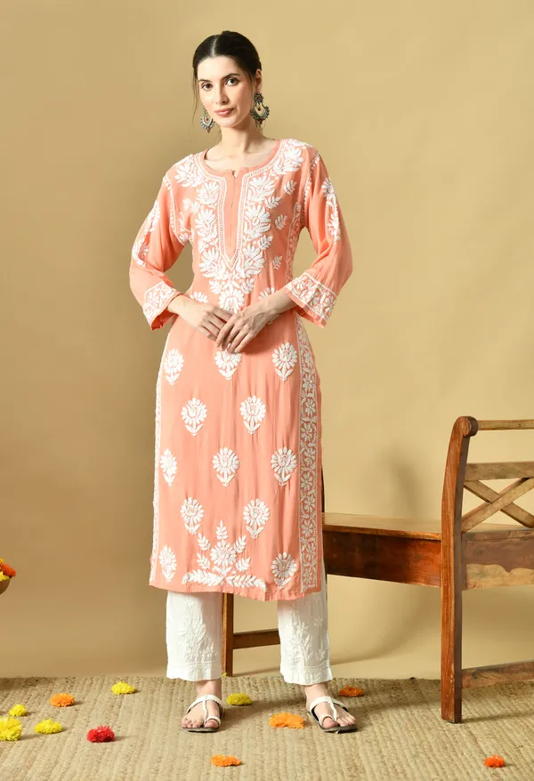 Peach_Rayon_Hand-Embroidered_Chikankari_Kurta_with_Elegant_White_Floral_Design