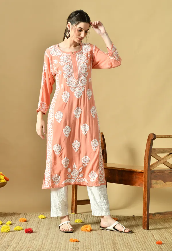 Peach_Rayon_Hand-Embroidered_Chikankari_Kurta_with_Elegant_White_Floral_Design
