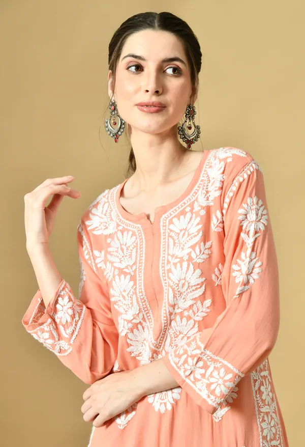 Peach_Rayon_Hand-Embroidered_Chikankari_Kurta_with_Elegant_White_Floral_Design