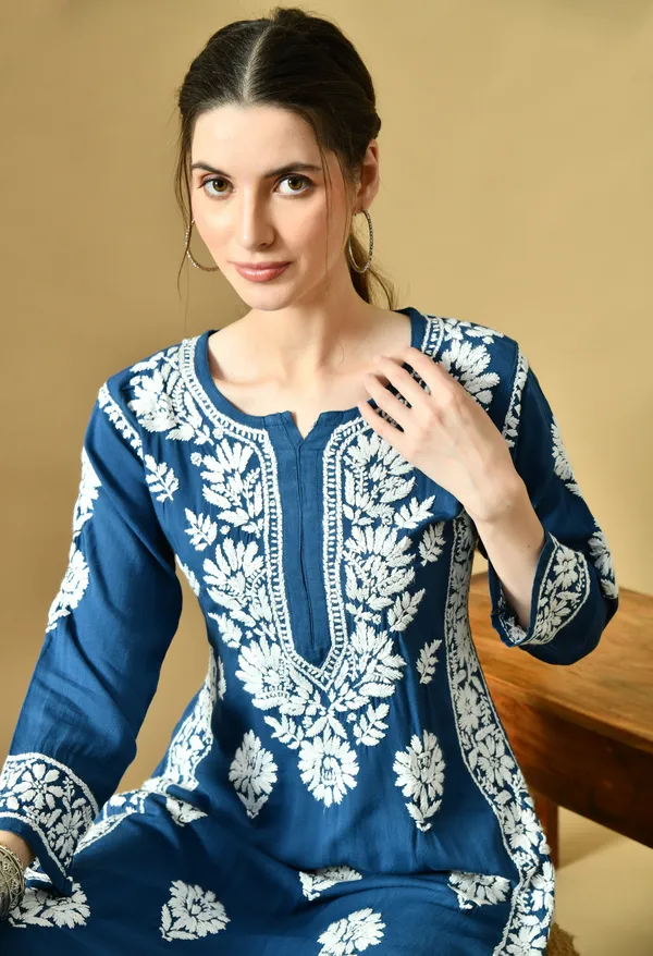Teal_Blue_Rayon_Hand-Embroidered_Chikankari_Kurta_with_Elegant_White_Floral_Design
