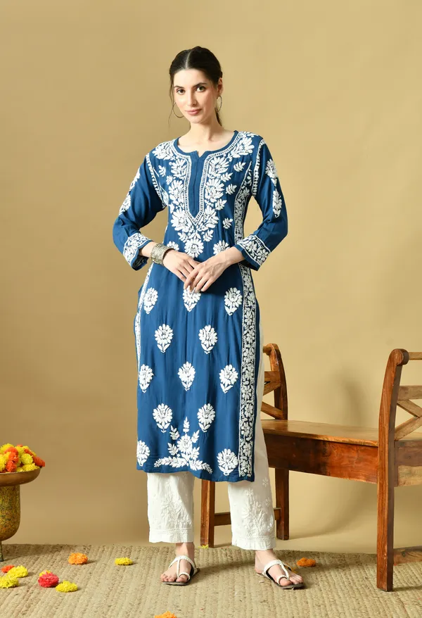 Teal_Blue_Rayon_Hand-Embroidered_Chikankari_Kurta_with_Elegant_White_Floral_Design