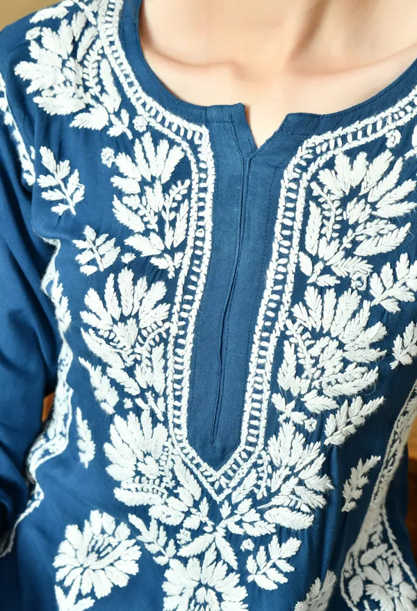 Teal_Blue_Rayon_Hand-Embroidered_Chikankari_Kurta_with_Elegant_White_Floral_Design