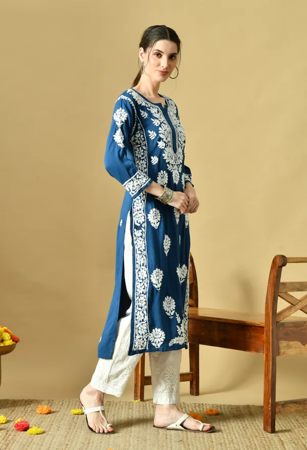 Teal_Blue_Rayon_Hand-Embroidered_Chikankari_Kurta_with_Elegant_White_Floral_Design