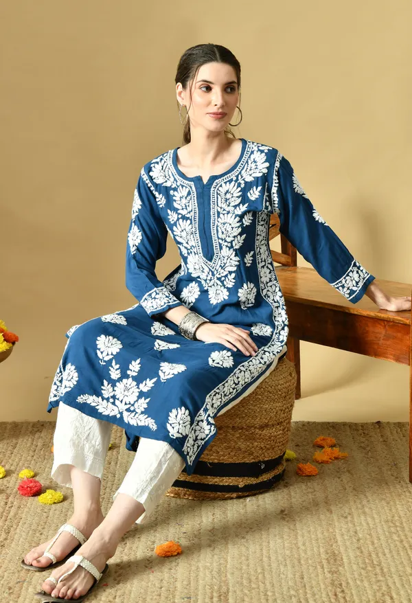 Teal_Blue_Rayon_Hand-Embroidered_Chikankari_Kurta_with_Elegant_White_Floral_Design