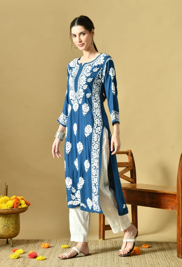 Teal_Blue_Rayon_Hand-Embroidered_Chikankari_Kurta_with_Elegant_White_Floral_Design