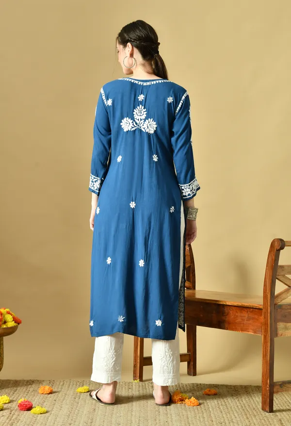 Teal_Blue_Rayon_Hand-Embroidered_Chikankari_Kurta_with_Elegant_White_Floral_Design