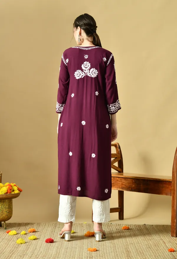 Wine_Rayon_Hand-Embroidered_Chikankari_Kurta_with_Elegant_White_Floral_Design
