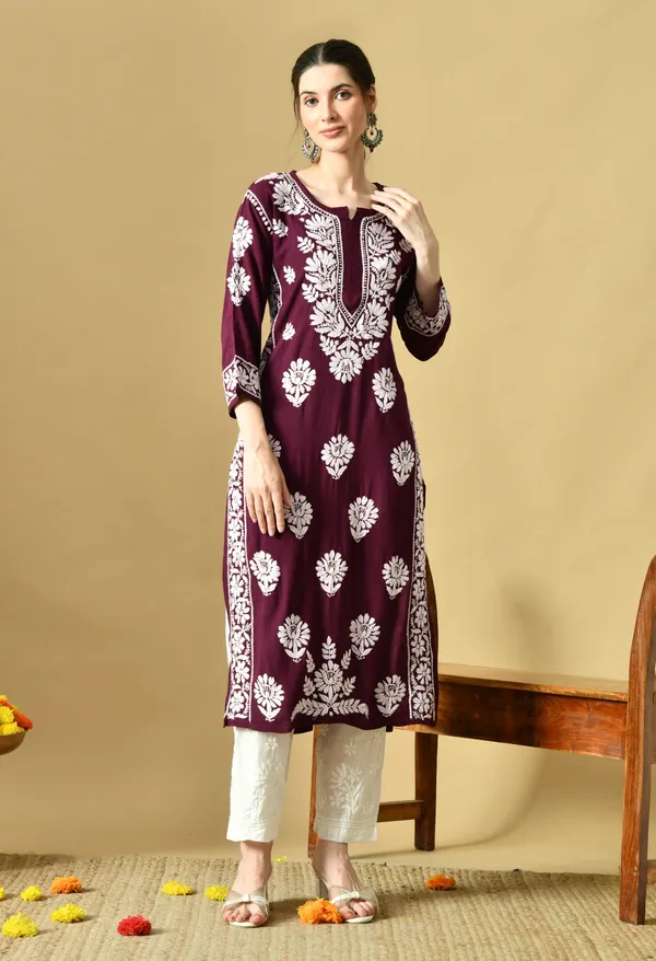 Wine_Rayon_Hand-Embroidered_Chikankari_Kurta_with_Elegant_White_Floral_Design
