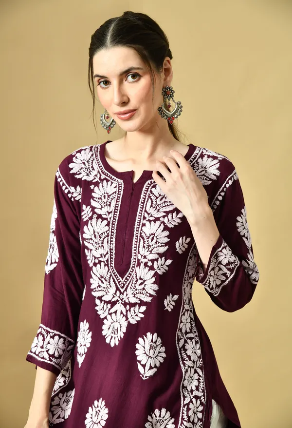 Wine_Rayon_Hand-Embroidered_Chikankari_Kurta_with_Elegant_White_Floral_Design