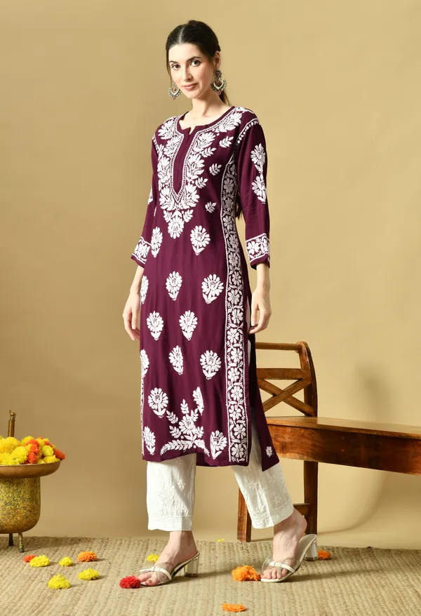 Wine_Rayon_Hand-Embroidered_Chikankari_Kurta_with_Elegant_White_Floral_Design