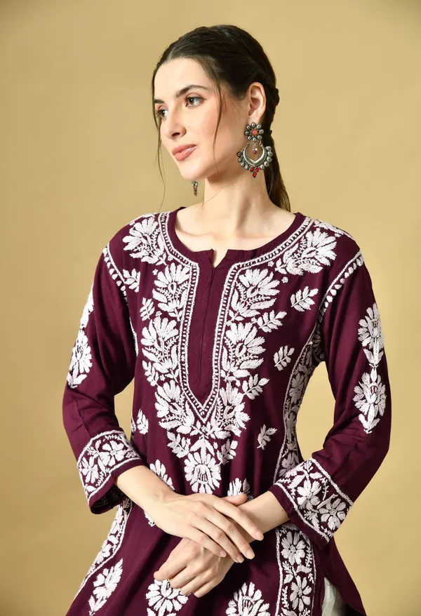 Wine_Rayon_Hand-Embroidered_Chikankari_Kurta_with_Elegant_White_Floral_Design