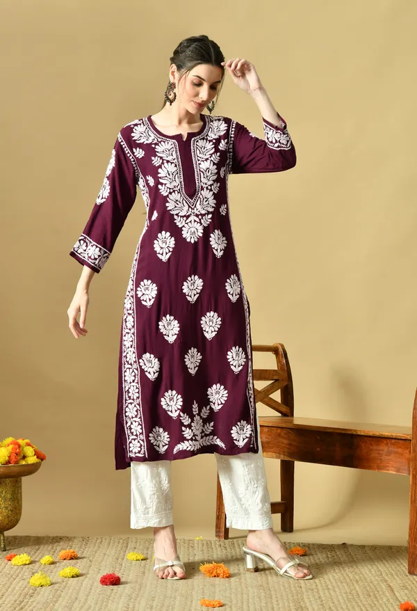 Wine_Rayon_Hand-Embroidered_Chikankari_Kurta_with_Elegant_White_Floral_Design