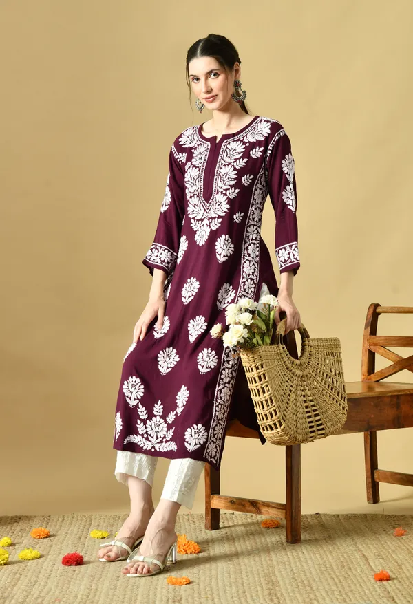 Wine_Rayon_Hand-Embroidered_Chikankari_Kurta_with_Elegant_White_Floral_Design