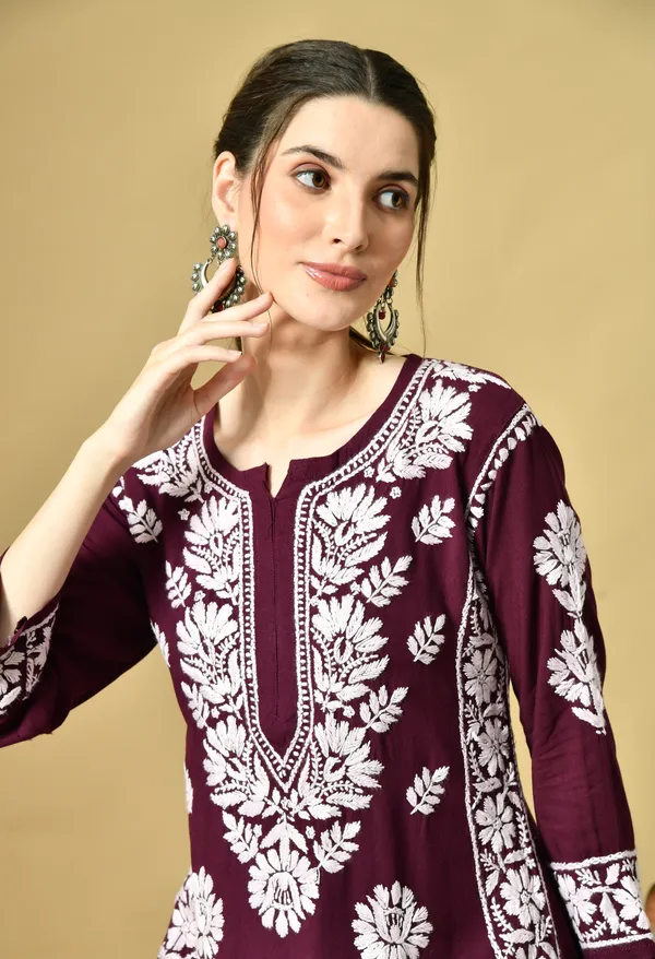 Wine_Rayon_Hand-Embroidered_Chikankari_Kurta_with_Elegant_White_Floral_Design