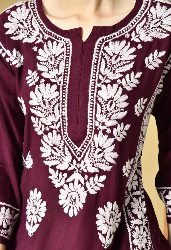 Wine_Rayon_Hand-Embroidered_Chikankari_Kurta_with_Elegant_White_Floral_Design