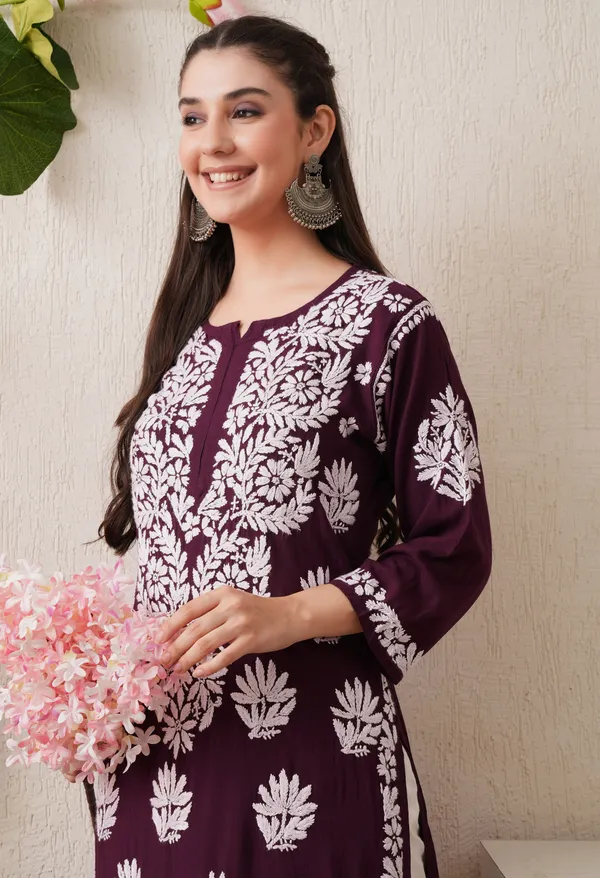 Wine-Embroidered_Rayon_Chikankari_Straight_Kurta