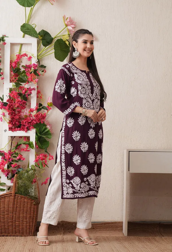 Wine-Embroidered_Rayon_Chikankari_Straight_Kurta