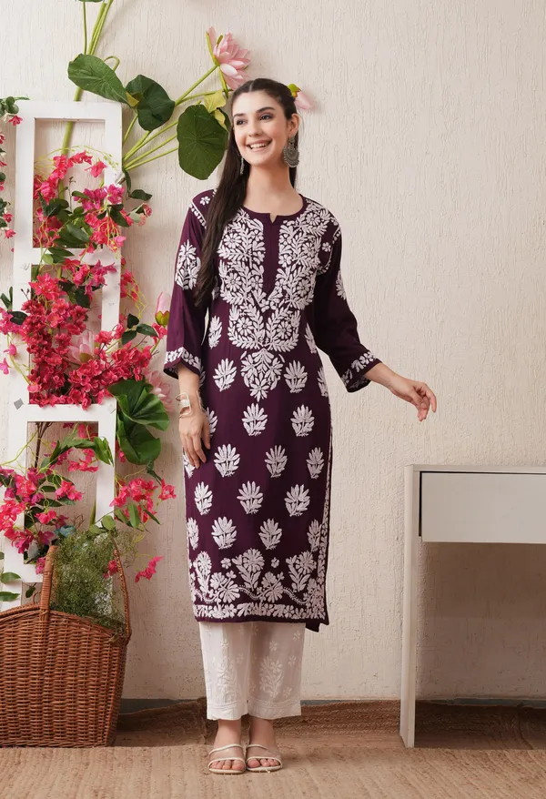 Wine-Embroidered_Rayon_Chikankari_Straight_Kurta