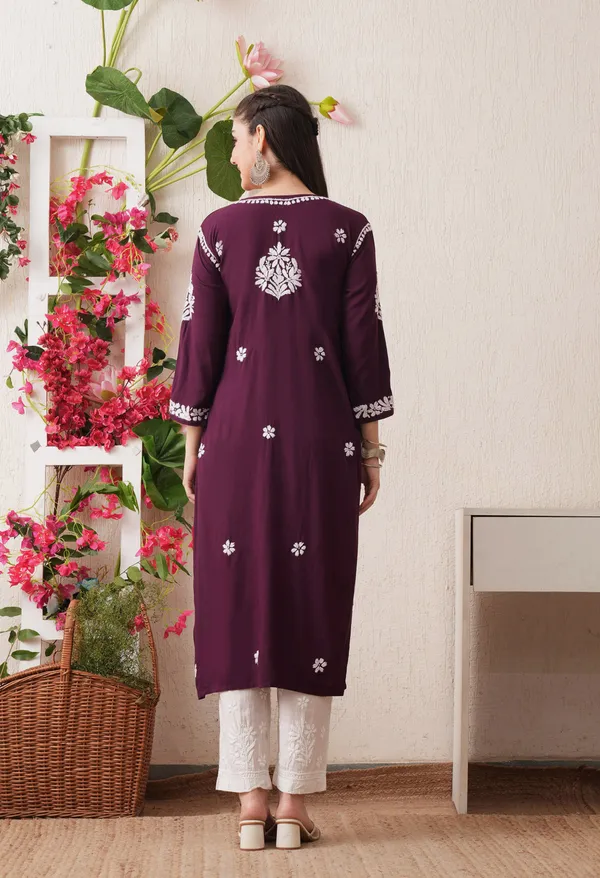 Wine-Embroidered_Rayon_Chikankari_Straight_Kurta