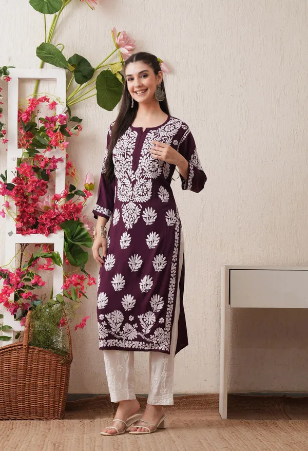 Wine-Embroidered_Rayon_Chikankari_Straight_Kurta
