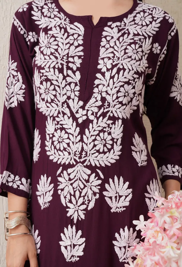 Wine-Embroidered_Rayon_Chikankari_Straight_Kurta