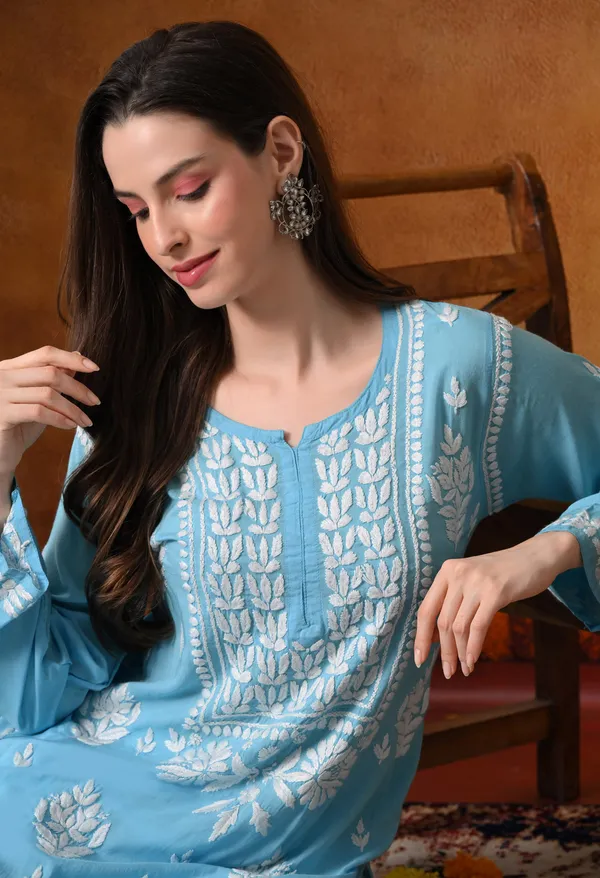Aqua_Blue_Handcrafted_Modal_Chikankari_Straight_Kurta